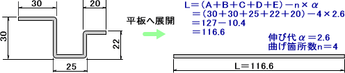 SPCC鋼板 t1.6 の4角曲げ部品の展開寸法