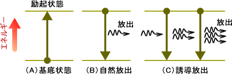 自然放出と誘導放出の概念図