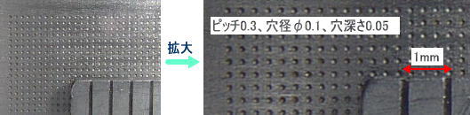 穴径φ0.1mm、穴深さ0.05mm、穴ピッチ0.3mmのハーフエッチング（ハーフ加工）実例