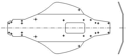 ラジコンカーシャーシ用パーツ（アルミ板 A5052P ｔ2.0）の概略形状図面