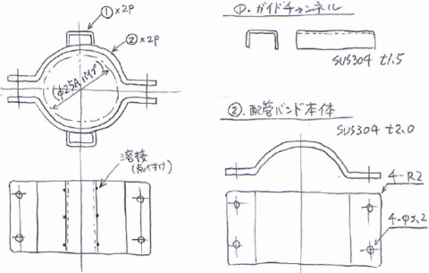 装置配管用パイプバンドの部品構成（配管バンド本体×2P、ガイドチャンネル×2Pを溶接組み立て）