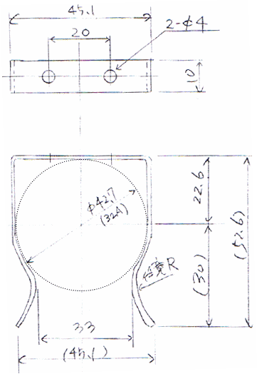 32A用 配管支持金具・金物（パイプサポート・配管固定金具）試作品加工図面 ステンレス SUS304-2B t1.2